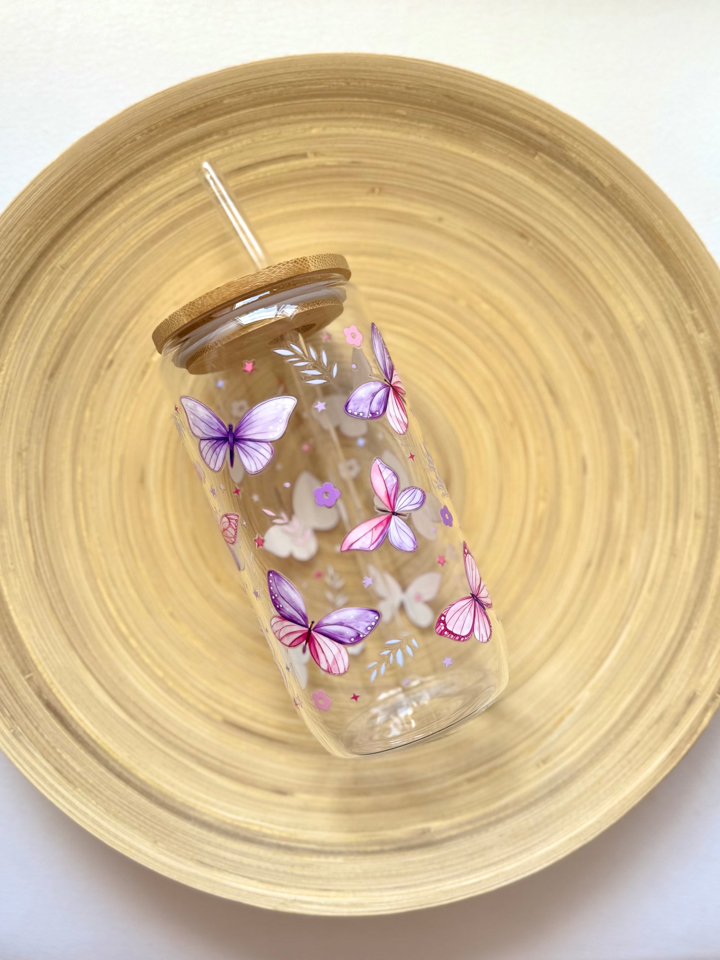 Drinkglas met rietje | Purple butterfly