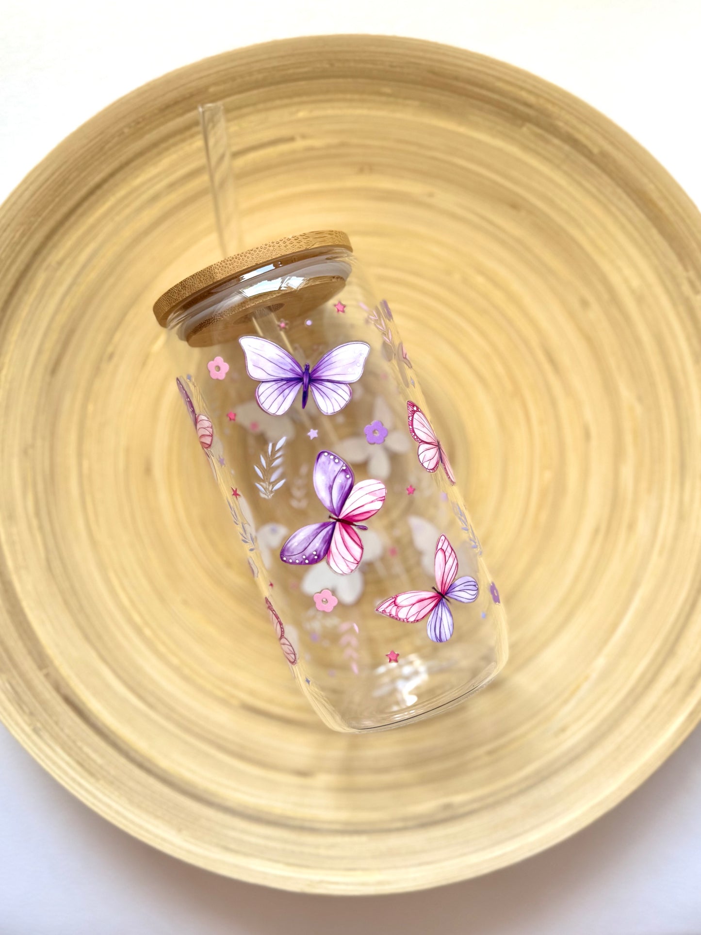 Drinkglas met rietje | Purple butterfly