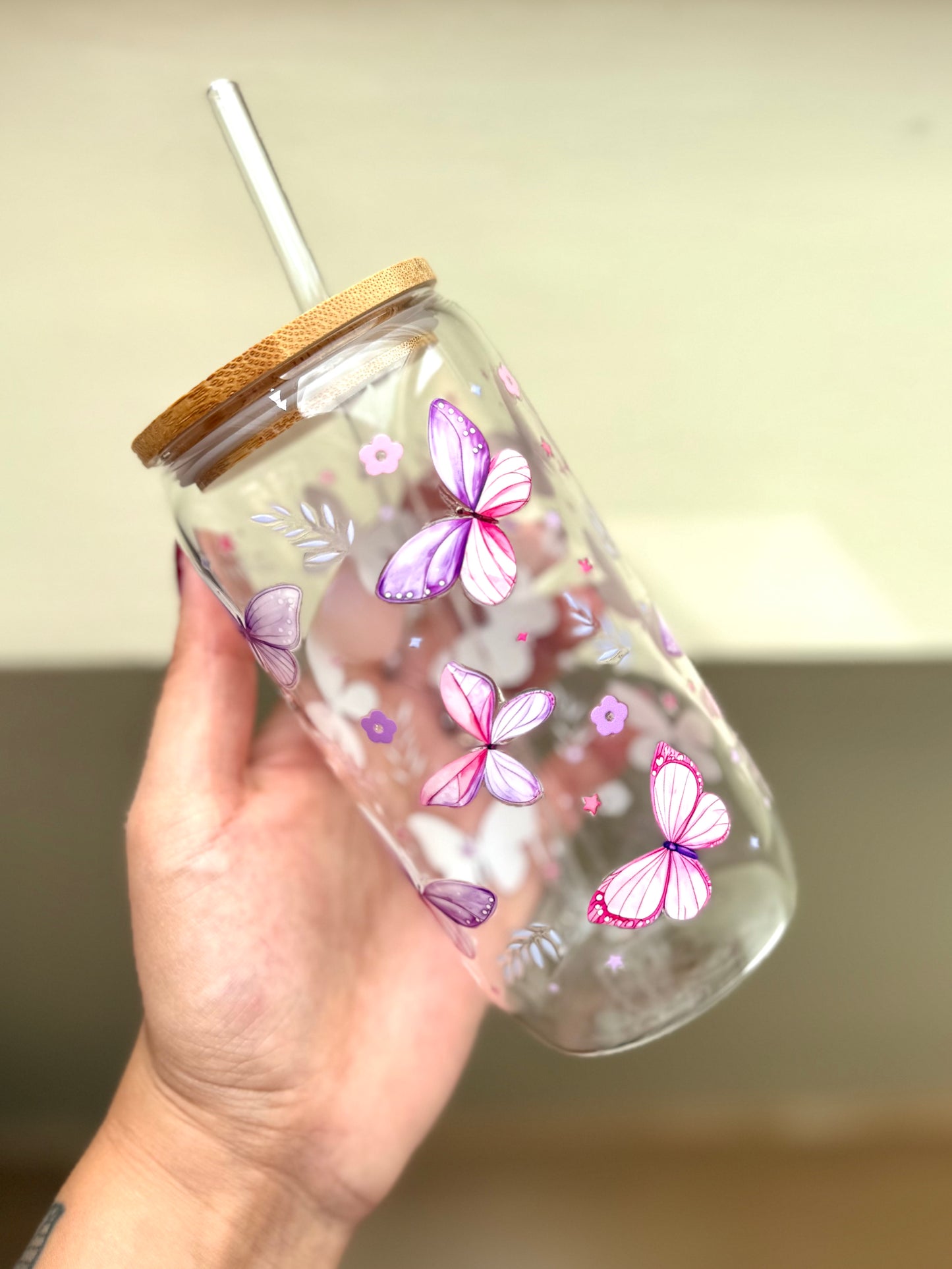 Drinkglas met rietje | Purple butterfly