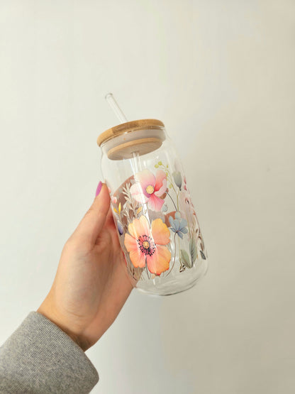 Drinkglas met bamboe deksel en glazen rietje, flowers 