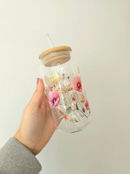 Drinkglas met bamboe deksel en glazen rietje, flowers 