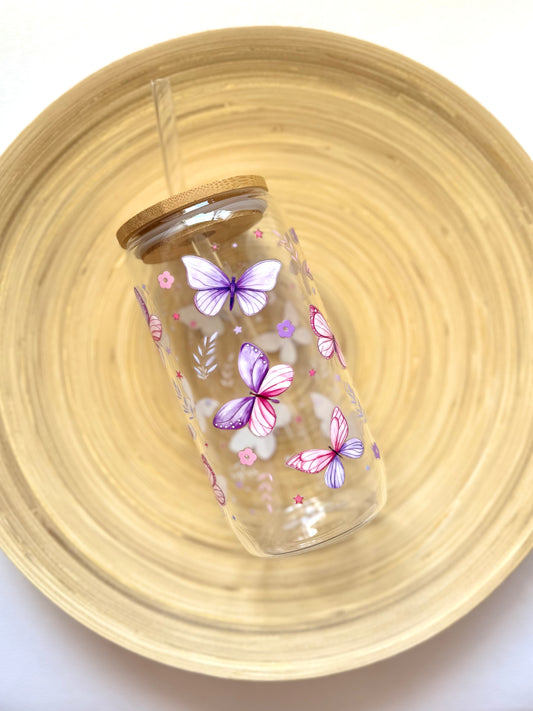 Drinkglas met rietje | Purple butterfly