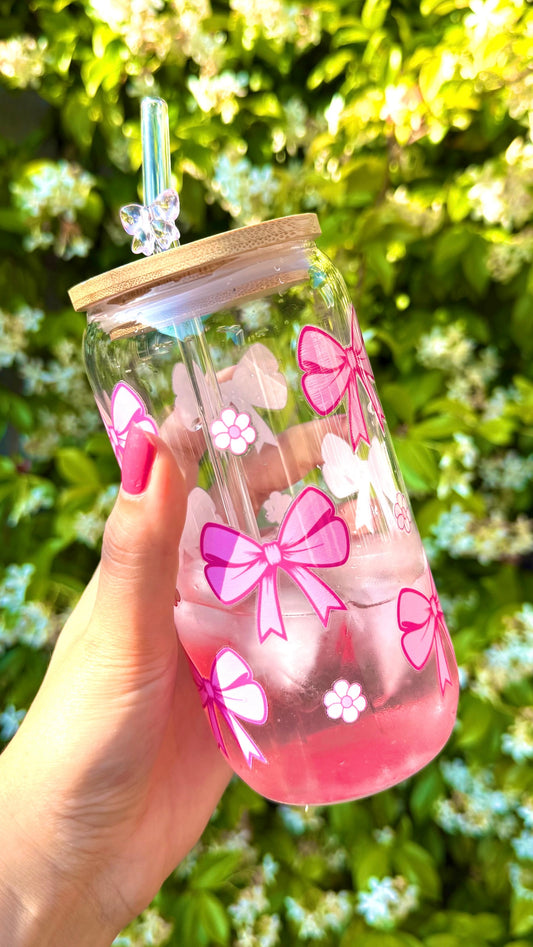 Drinkglas met rietje | Roze strikjes